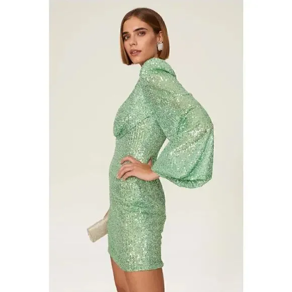 B34 Mac Duggal Sequin Blouson Sleeve Mini Dress Womens 4 Retro Swiftie Vegas - Picture 2 of 8